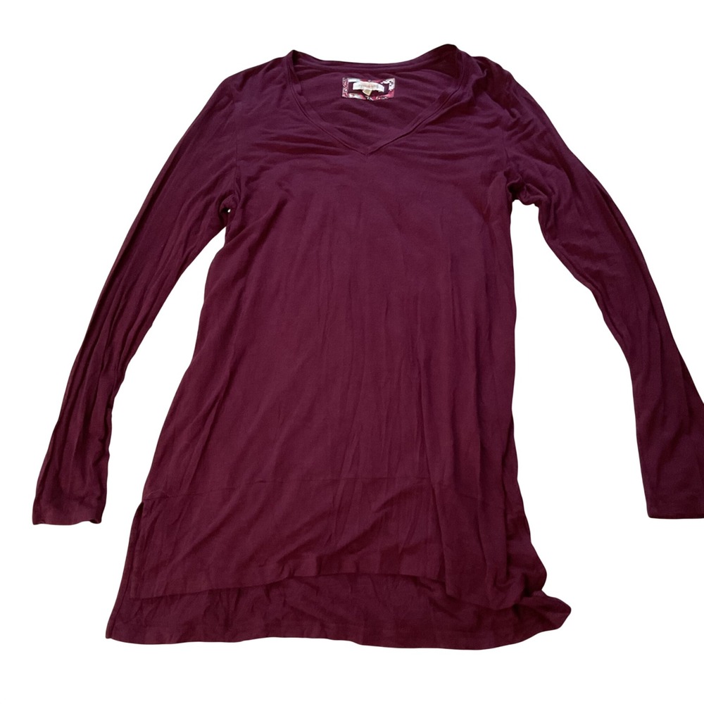 Pure + Good Womens V-Neck Long Sleeve Tunic Top Burgundy High-Low Hem Medium